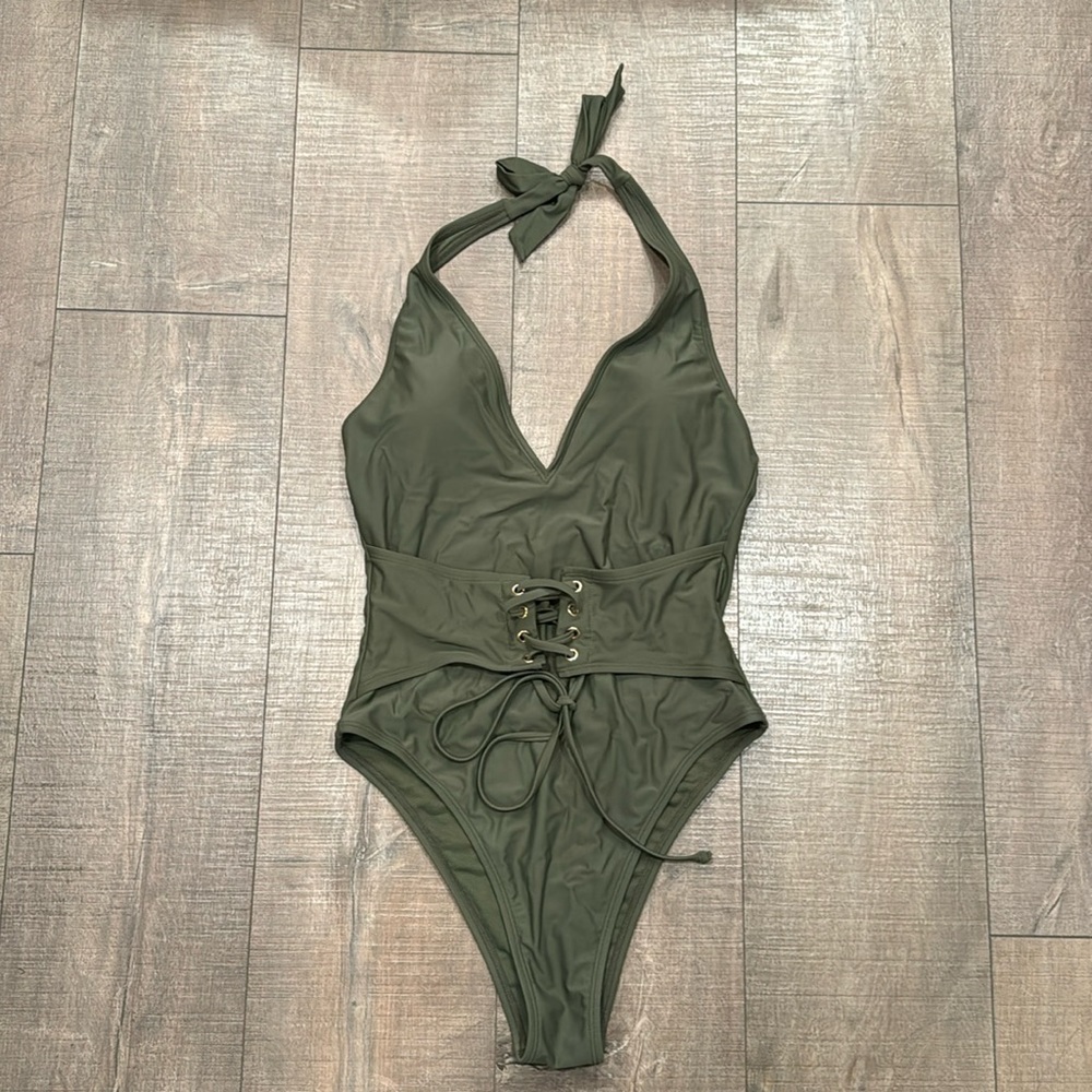 Express high cut halter lace up army green one piece M